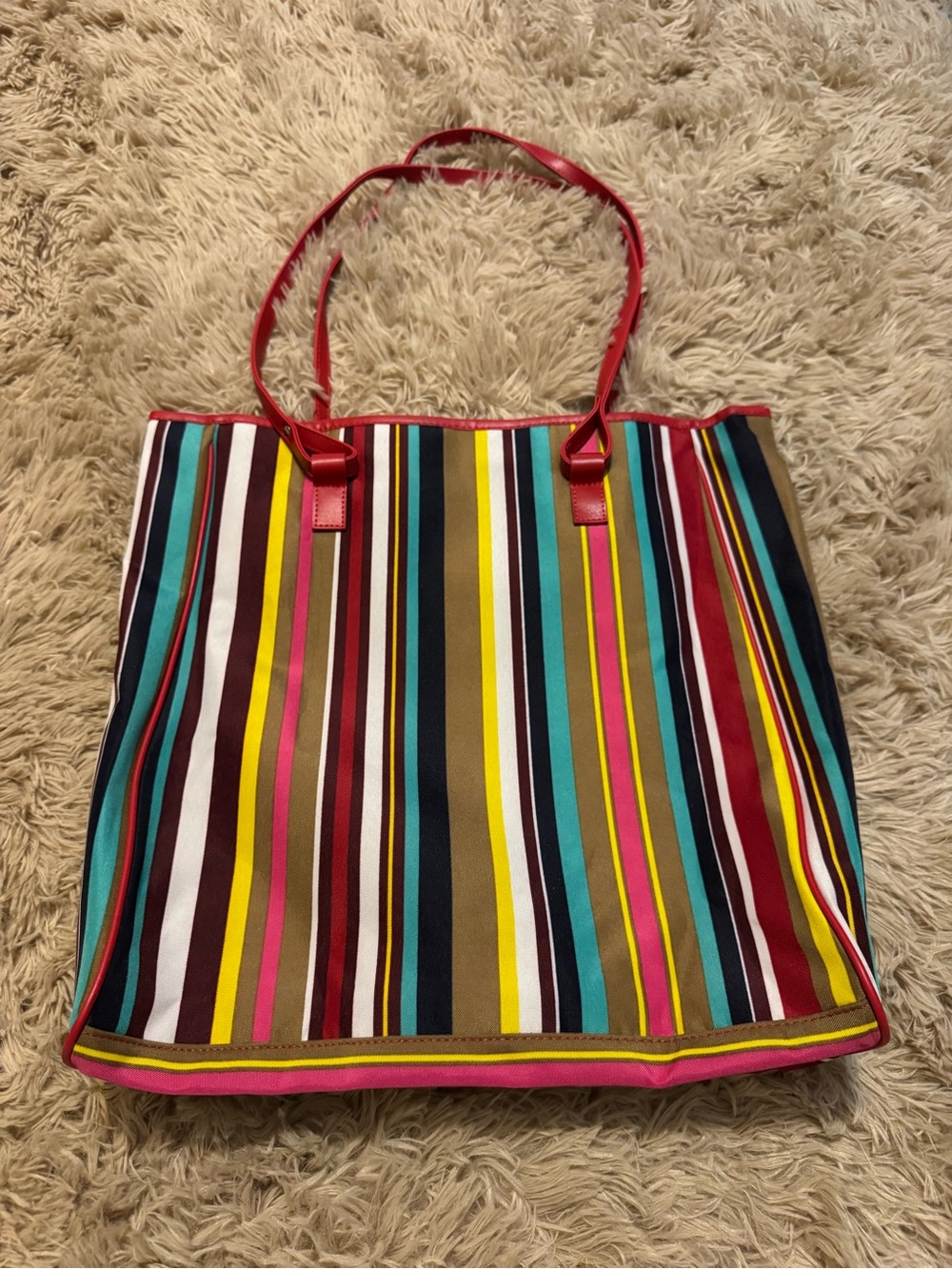 NWOT Lancôme Multi-Stripe Canvas Tote with Red Handles
